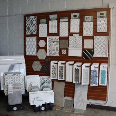 Large backsplash tile display at Carpet One